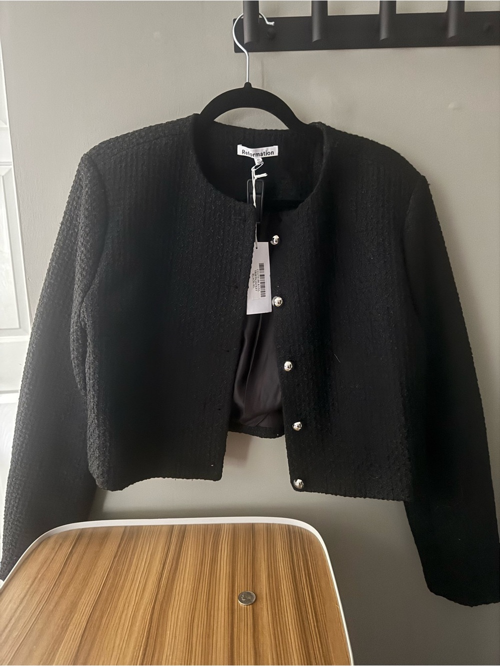 Reformation Black Cropped Bouclé Pearl-Button Jacket